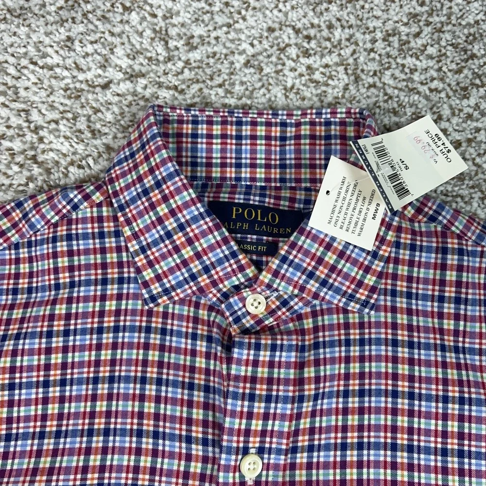 Polo Ralph Lauren Mens Shirt Small Red Blue Plaid Button Cotton Classic Fit Pony
